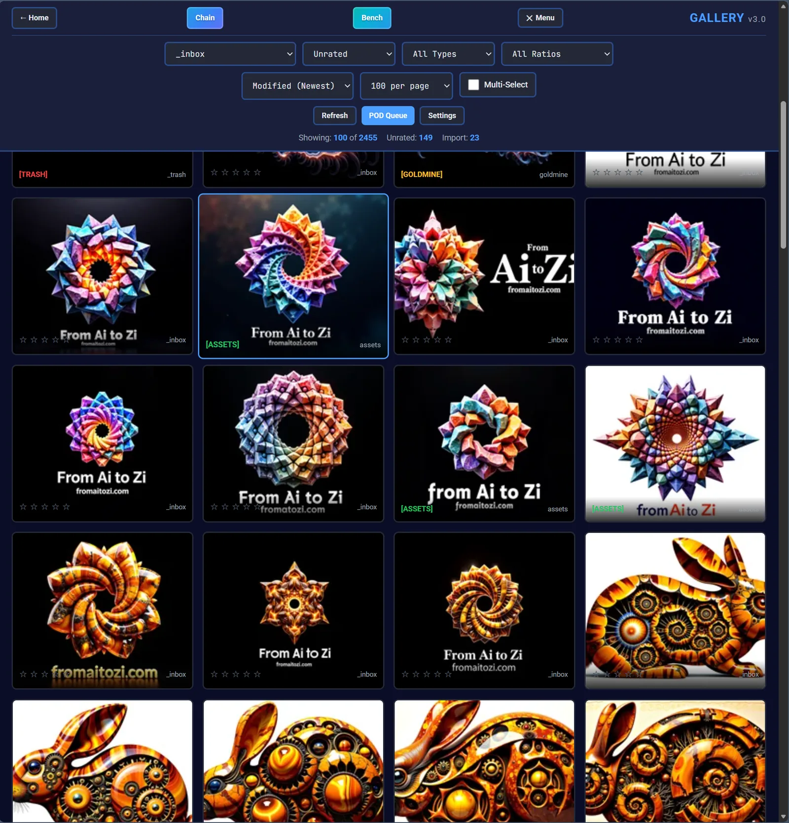 ComfyRemote Gallery showing 2,455 images with filtering, rating, and curation tools