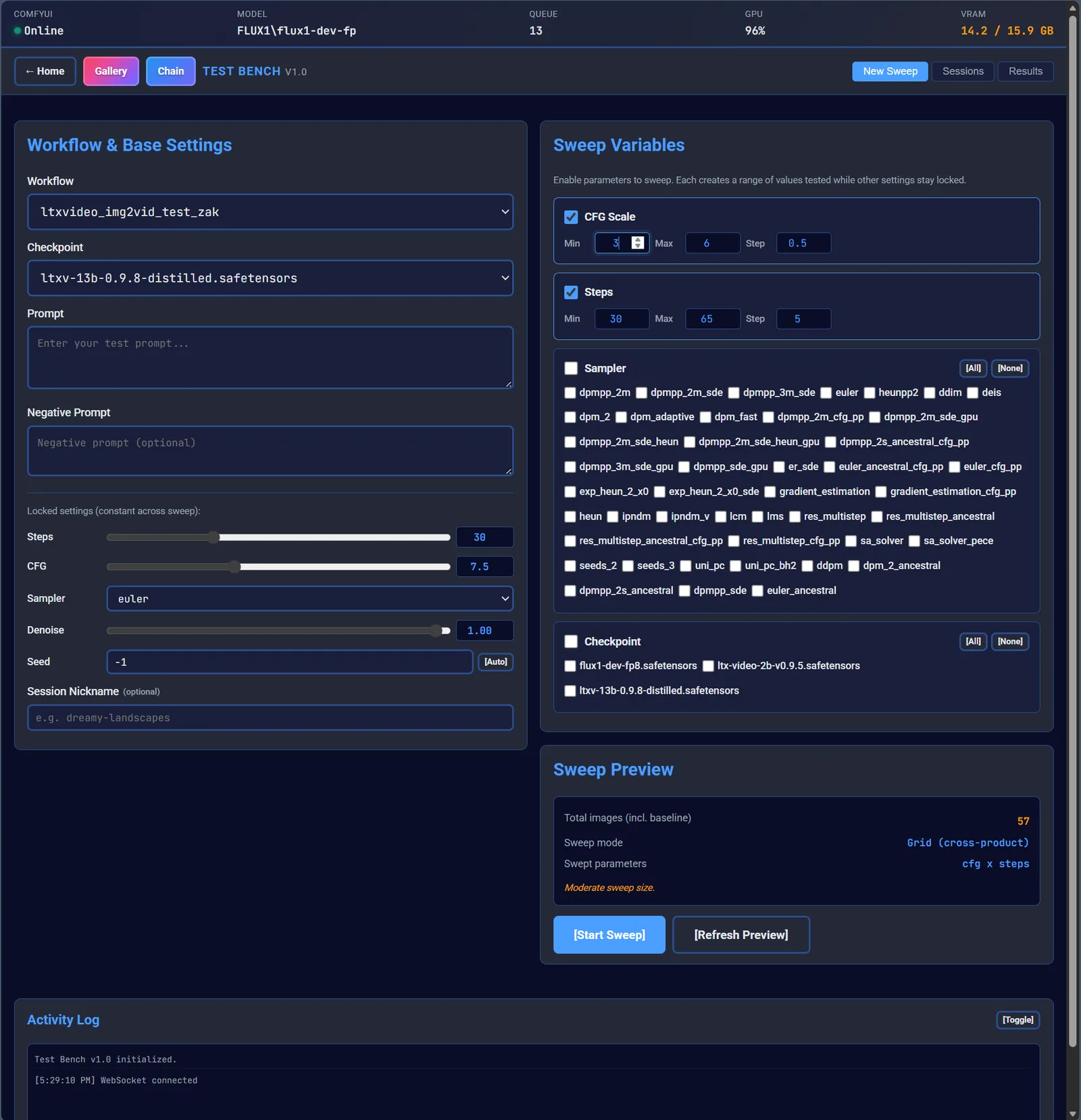 ComfyRemote Test Bench with sweep variables for systematic parameter testing
